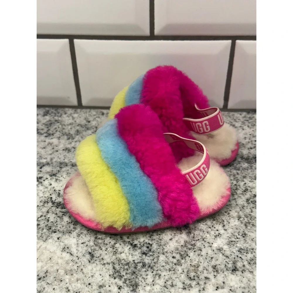UGG Toddler 6 Fluff Yeah Slide Rainbow Pink Blue Yellow Elastic Slingback Preppy